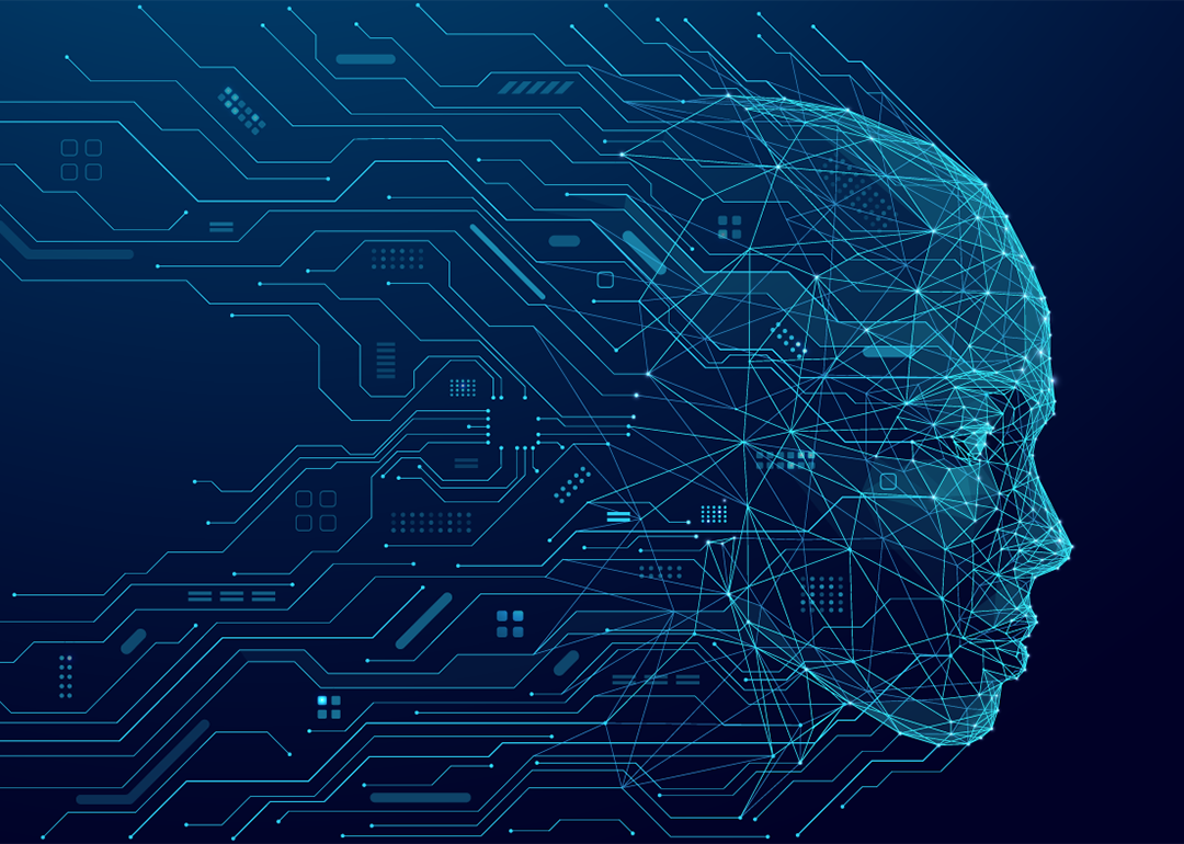Concept of AI illustrated by abstract human head consisting of connected dots, lines, and polygons flows into the wires of a circuit. The silhouette of a cyborg in low poly blue.