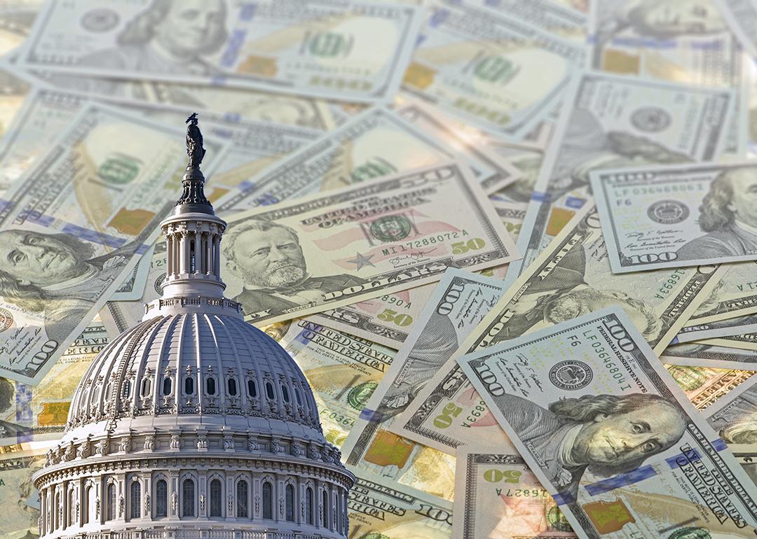 A collage of the United States Capitol dome with a background of US dollar banknotes.