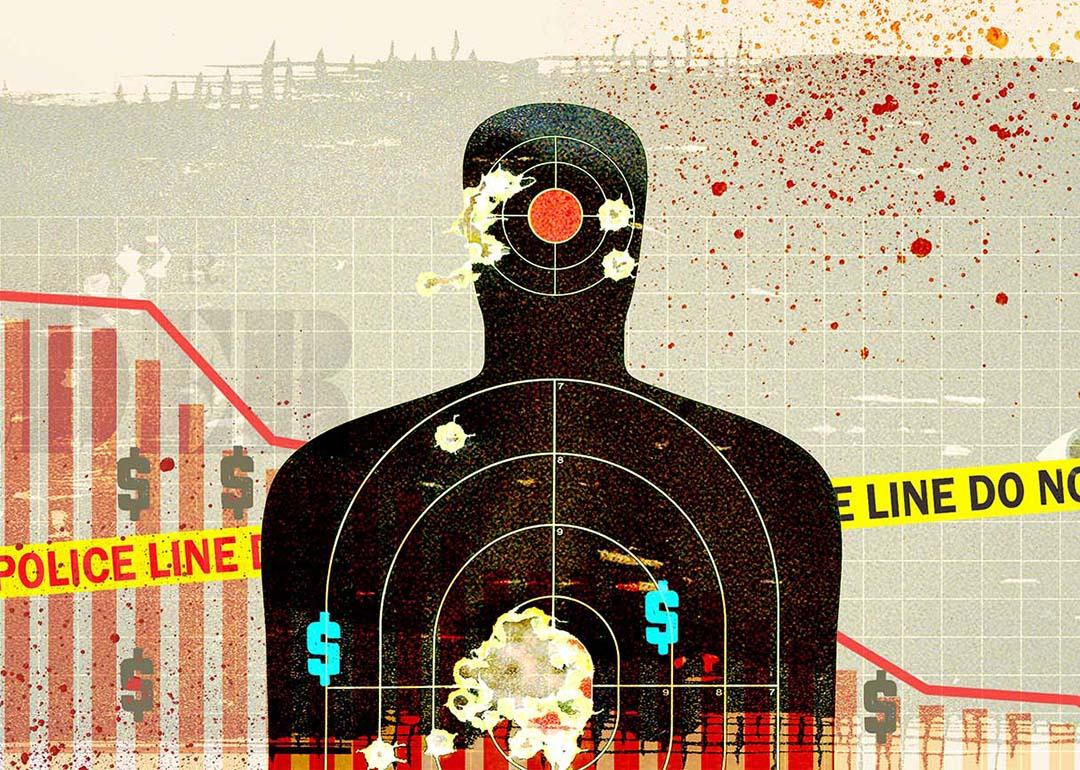 A custom illustration of a shooting target dummy with 'do not cross' police line, crime scene graphics.