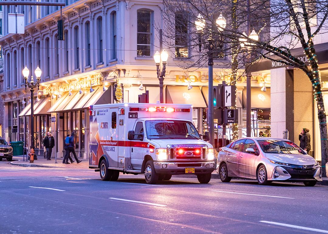 An American Medical Responce ambulance unit in downtown Portland in Oregon.