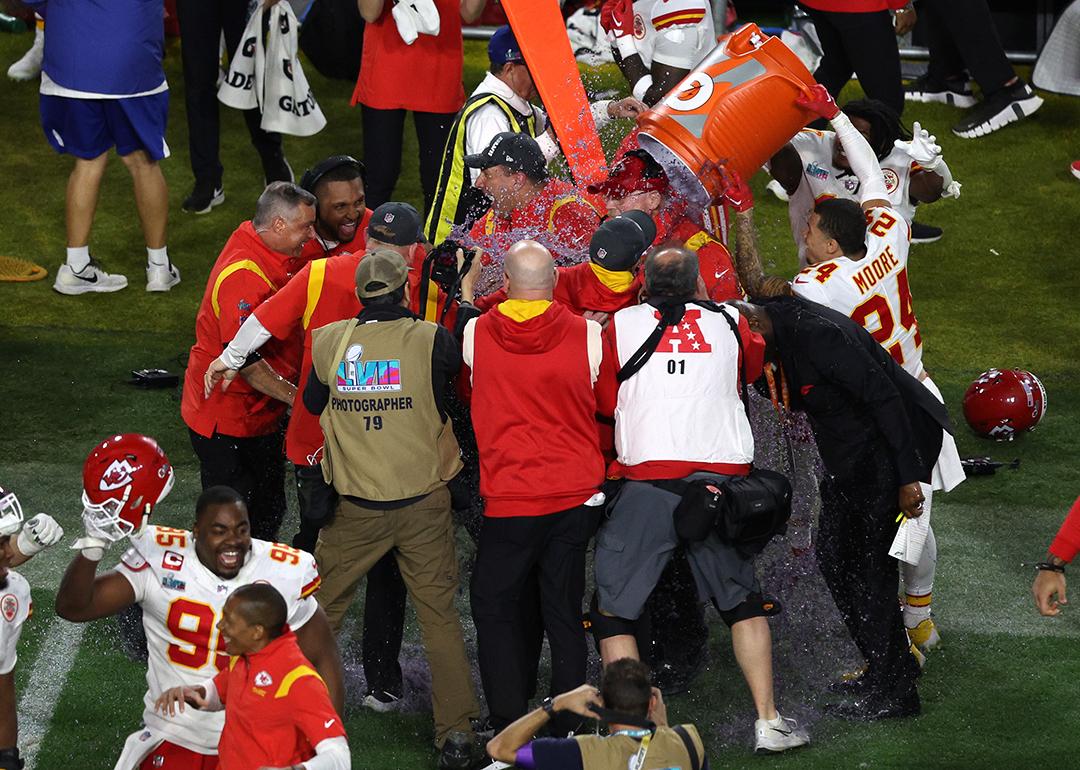 Kansas City Chiefs celebrate after defeating the Philadelphia Eagles 38-35 to win Super Bowl LVII at State Farm Stadium on February 12, 2023 in Glendale, Arizona.