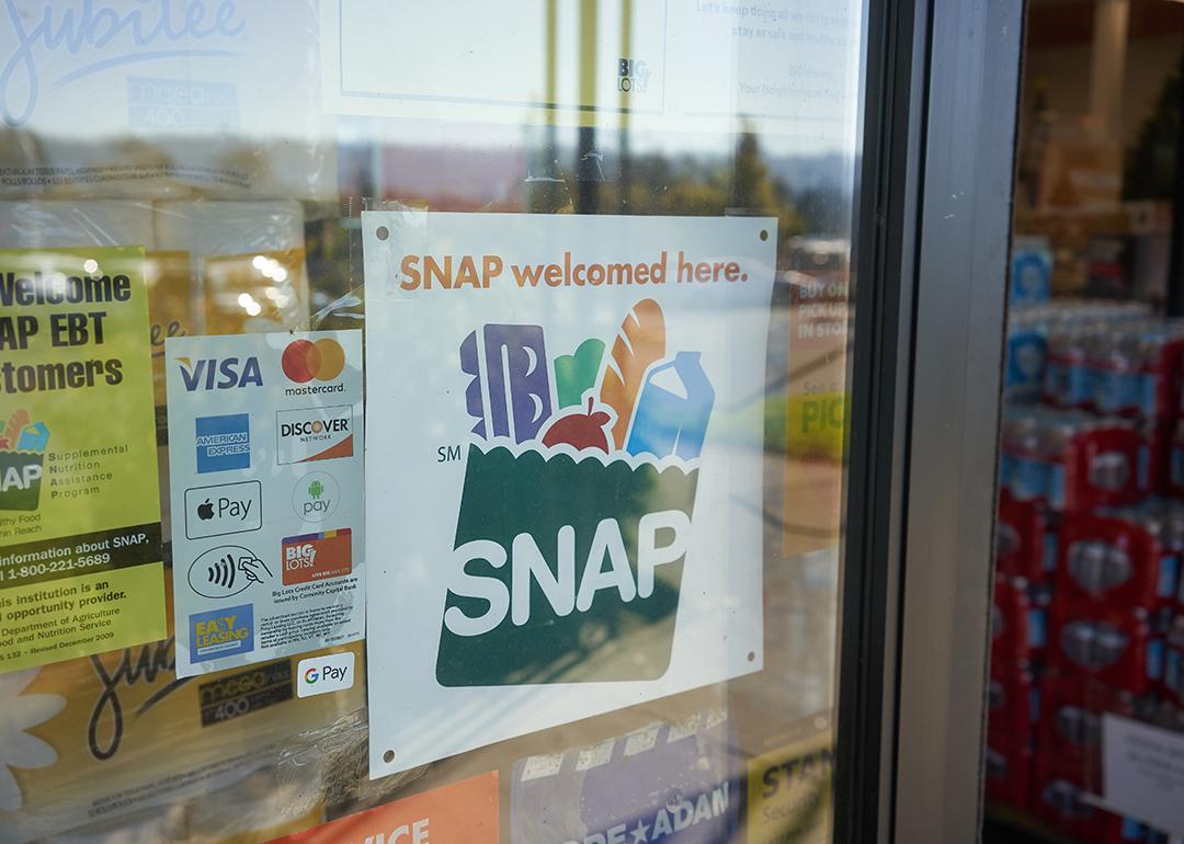 A 'SNAP welcomed here' sign at the entrance of a Big Lots store in Portland, Oregon.