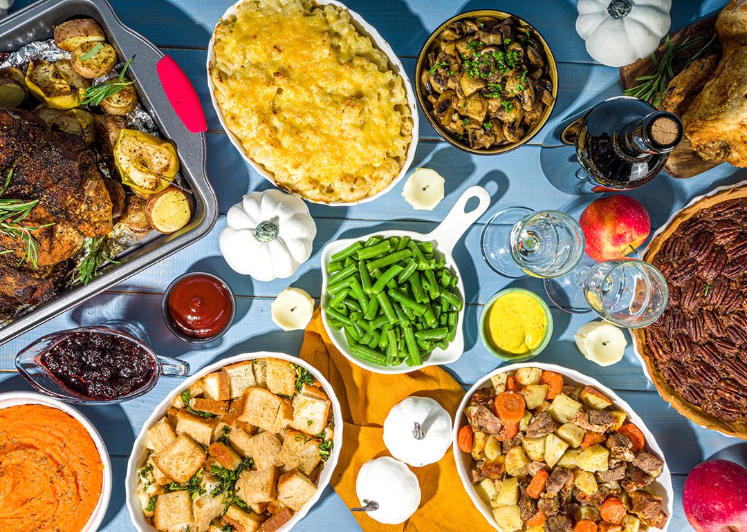 Traditional Thanksgiving food laid on a table.