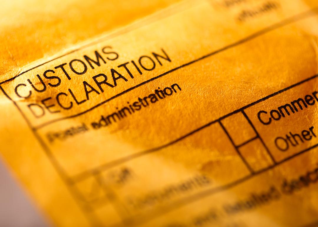 A post envelope closed up on the 'customs declaration' parts to fill out.
