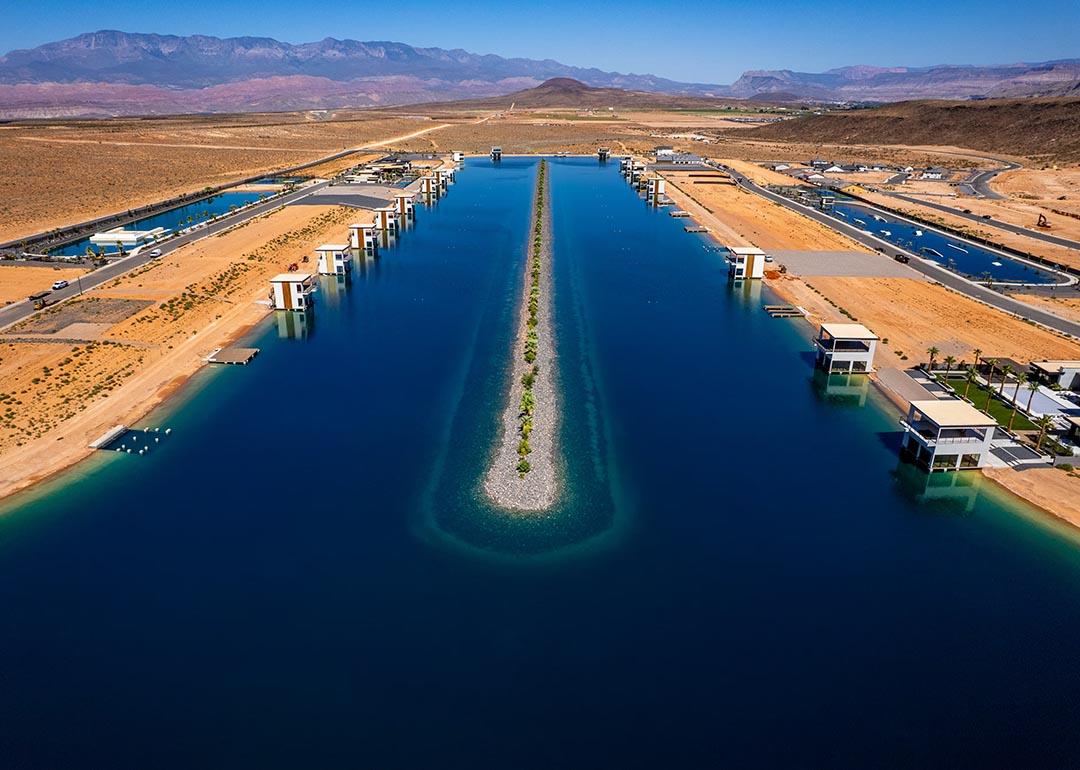 Aerial view of Southern Shores, a deep blue body of water surrounded by dry desert sand, in Hurricane on Wednesday, Sept. 17, 2025.