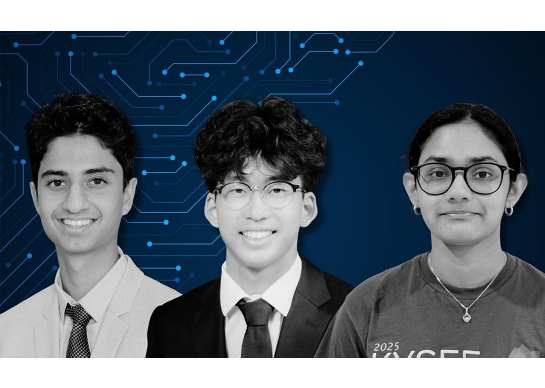 From L-R: Arnav Hingorani, a junior from Desert Mountain High School in Arizona. Ian Son, a senior at Redondo Union High School in California. Neha Palla, a senior at Paul Laurence Dunbar High School in Kentucky, spoke about generative artificial intelligence.