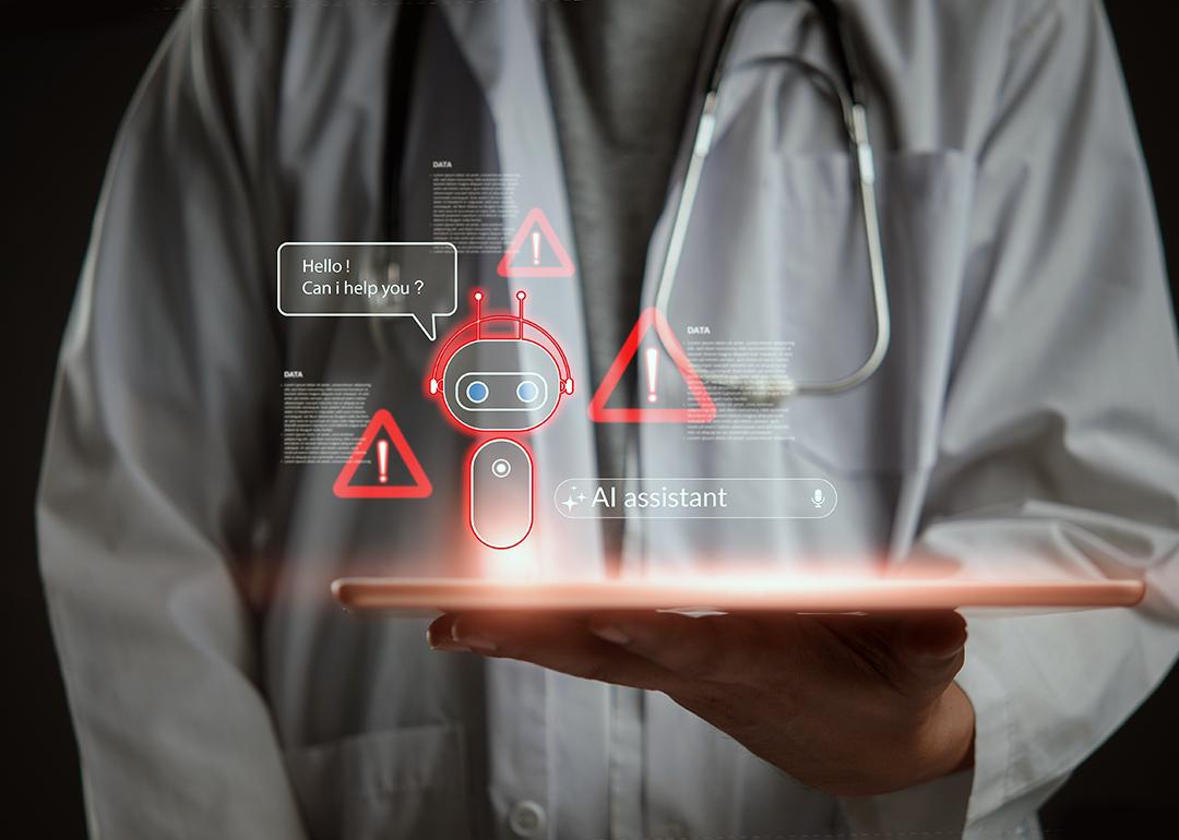 A doctor holding a tablet with AI chatbot and warning graphics illustrated.