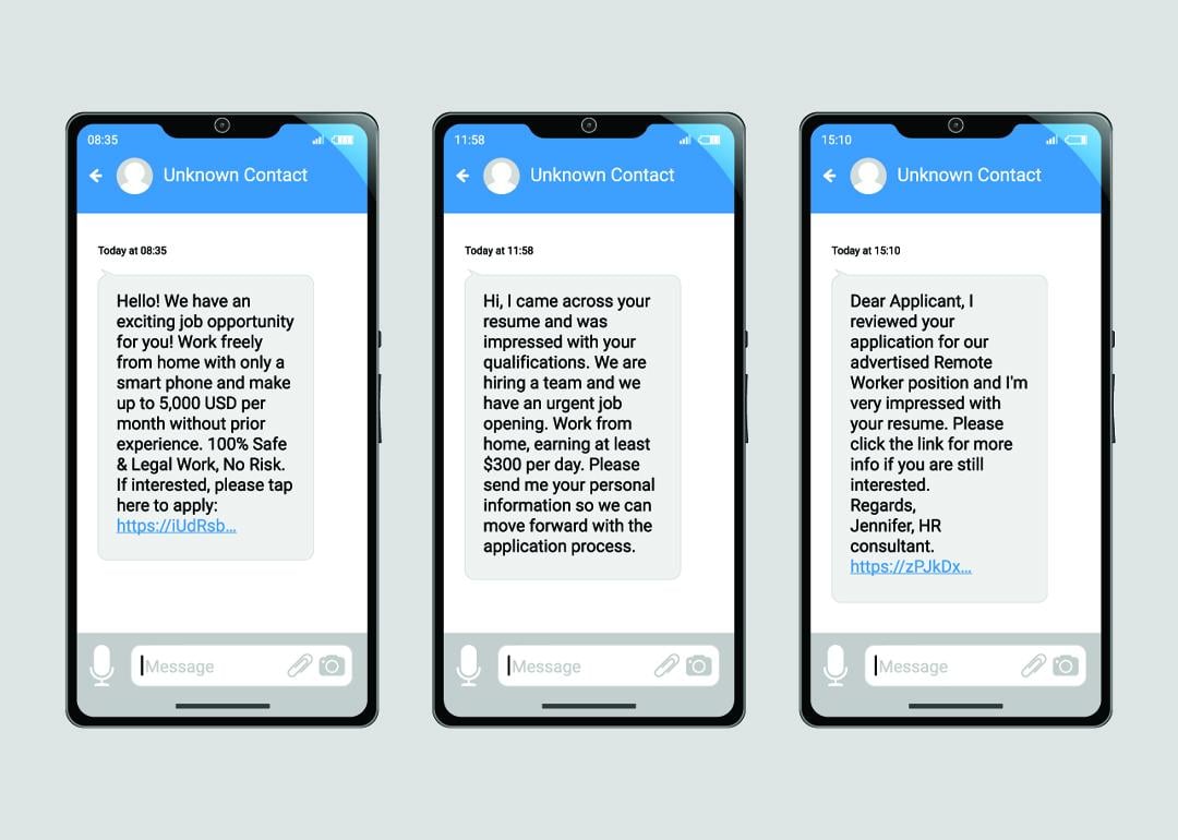 Three examples of scam job offer text messages from an unknown contact.