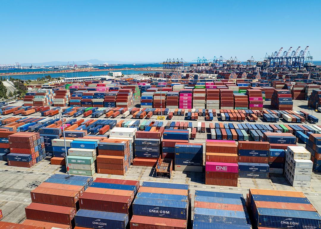 Stacked shipping containers in a port in Los Angeles, California.