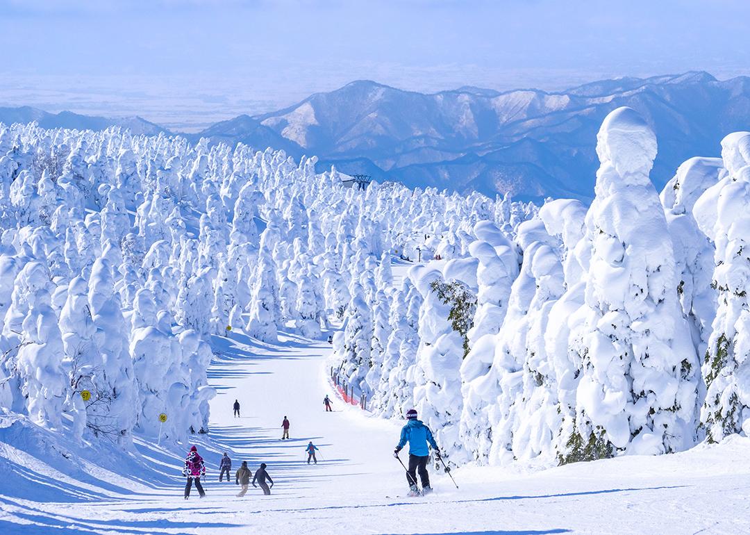 Skiers race down a snow slope in Yamagata, Japan.