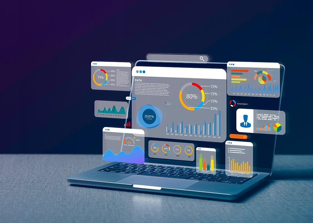 A laptop illustrated with AI data dashboard and software graphics.