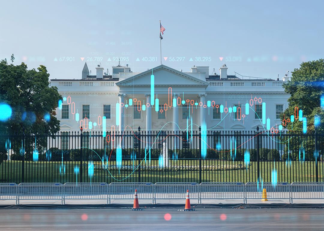 The White House illustrated with trading graphics.