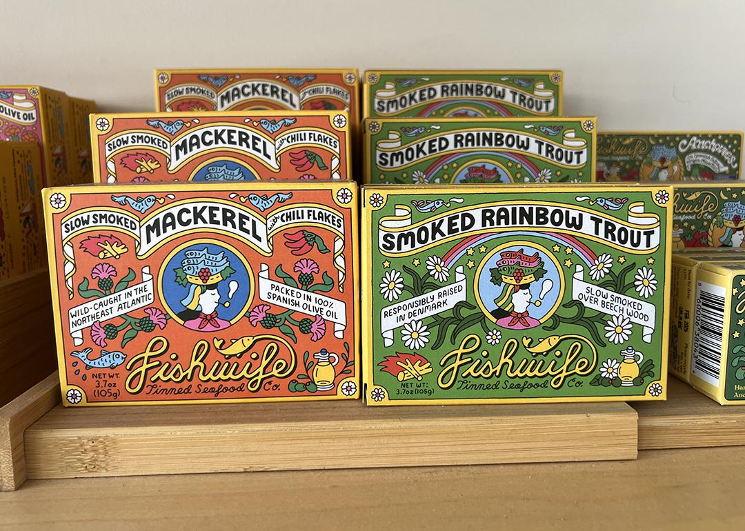 An assortment of Fishwife tinned seafood products on display.