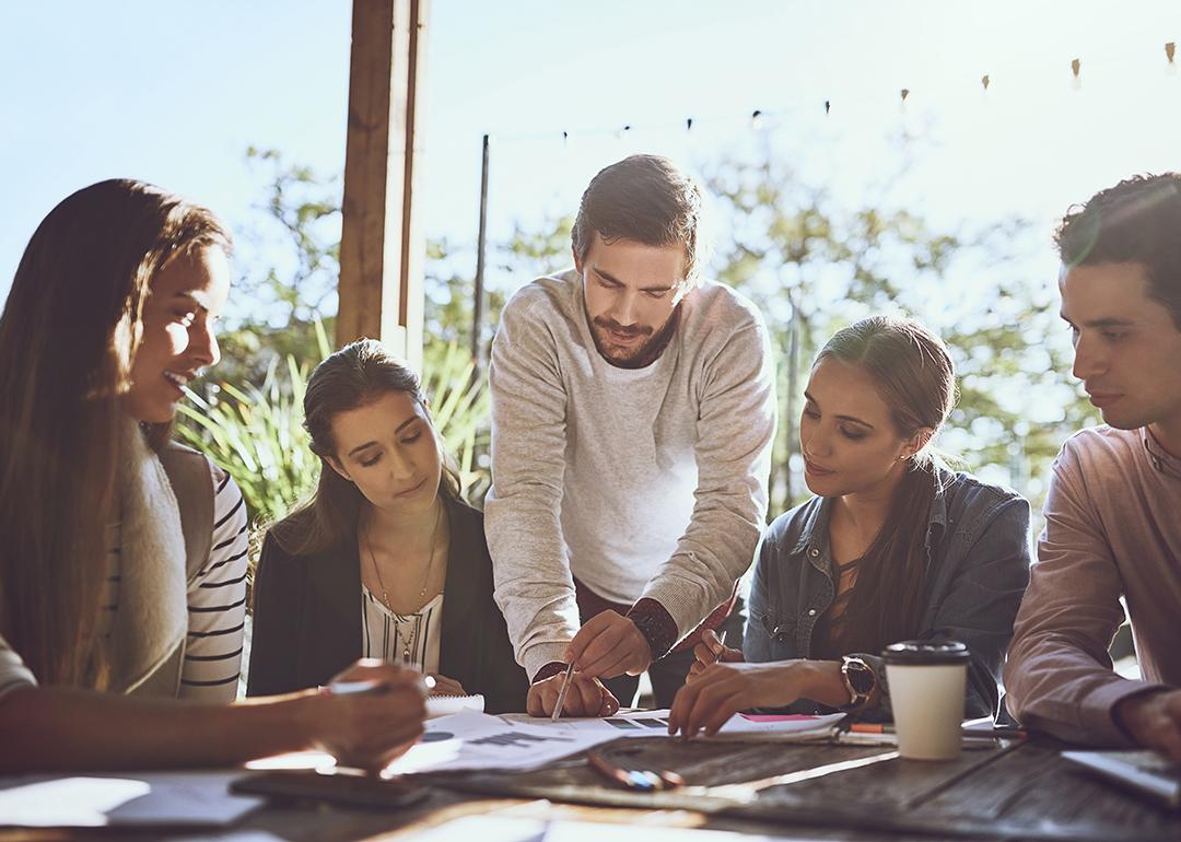 A business team brainstorming during a meeting.
