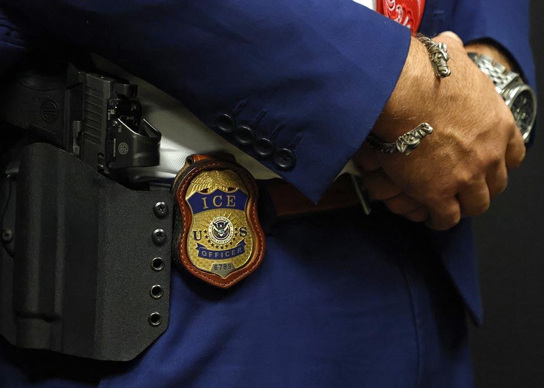  A detail view of the badge worn by deputy assistant director of field operations at ICE headquarters in Washington. U.S. Immigration and Customs Enforcement (ICE) major hiring event in Arlington, Texas.