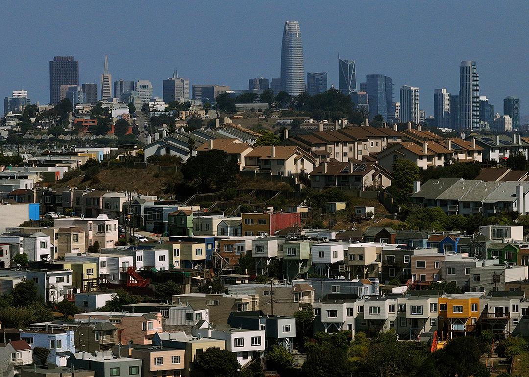 An aerial view of homes in a neighborhood in San Fransisco, California.