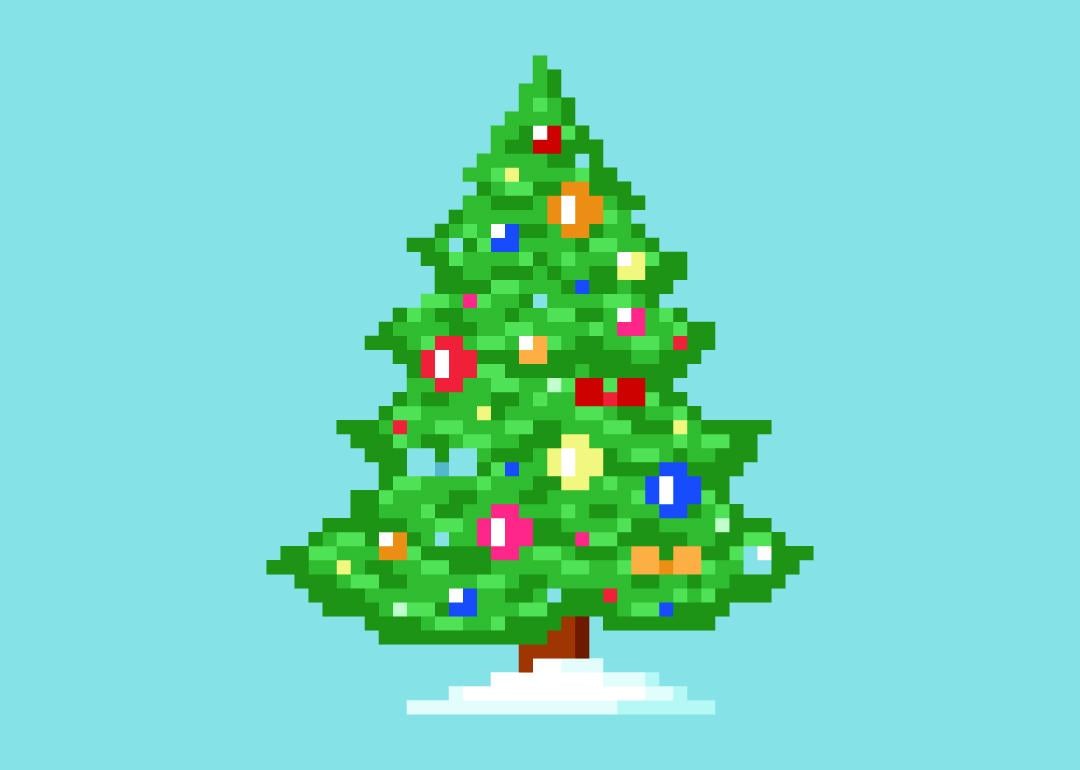 Pixel art of a Christmas tree with a blue background.
