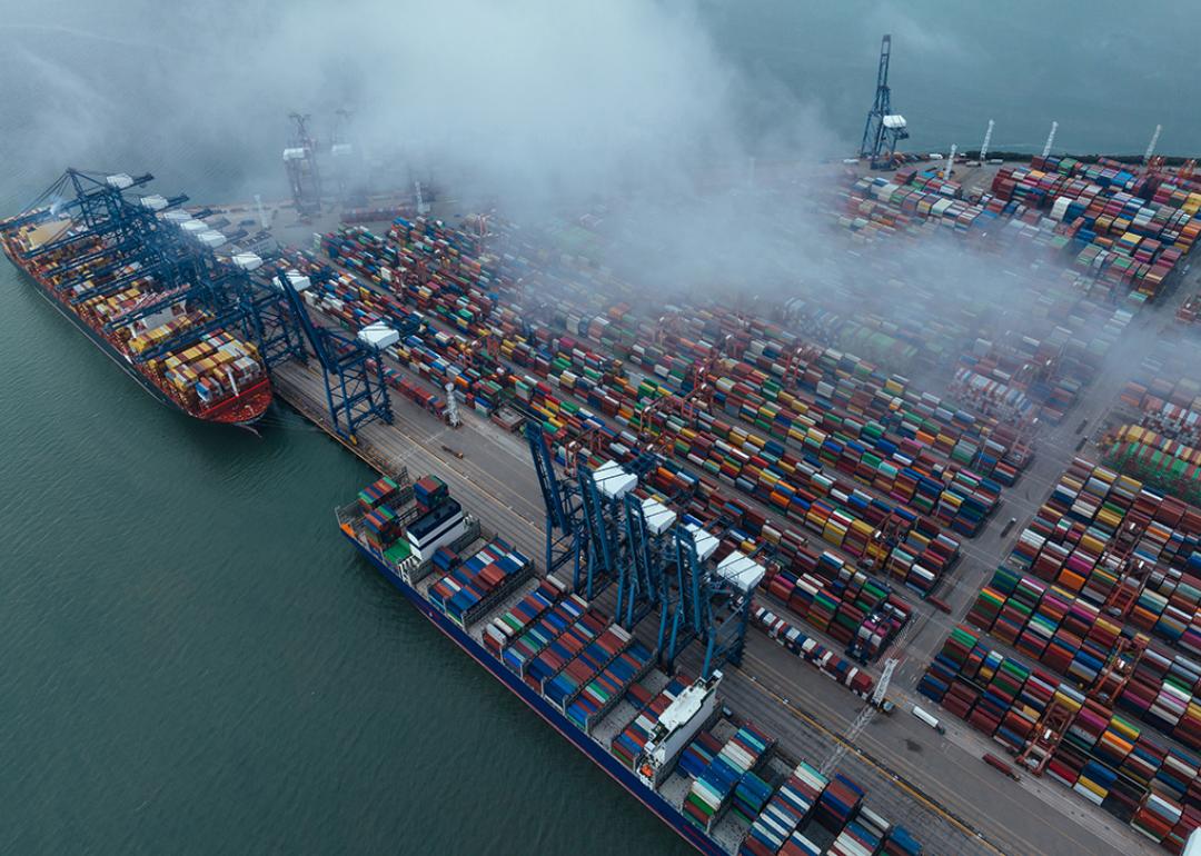 An aerial view of a cargo shipment terminal in China.