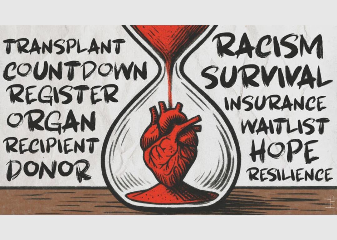 An illustration depicting the concept of organ donation with a red heart shown inside an hourglass with sand representing time pouring through, with relevant words in the background including "countdown," "reigster," "survival," "racism," "waitlist,"  "insurance" and more.