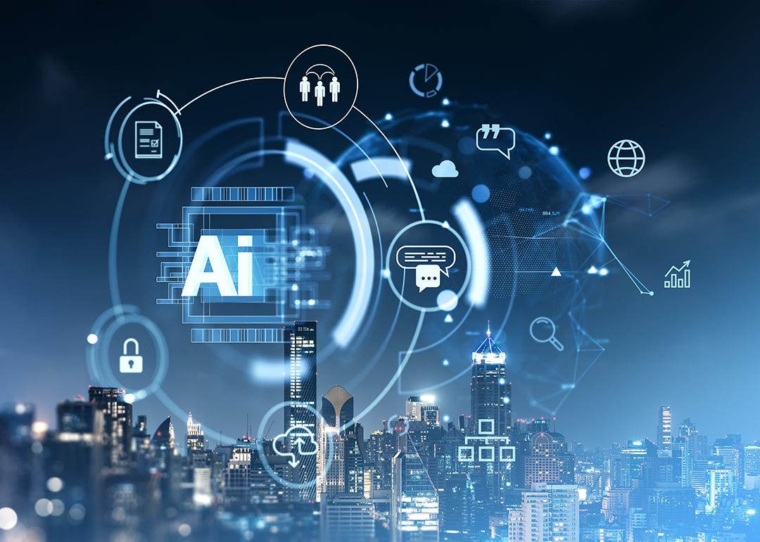 Skyscrapers at night illustrated with AI holographic icons.