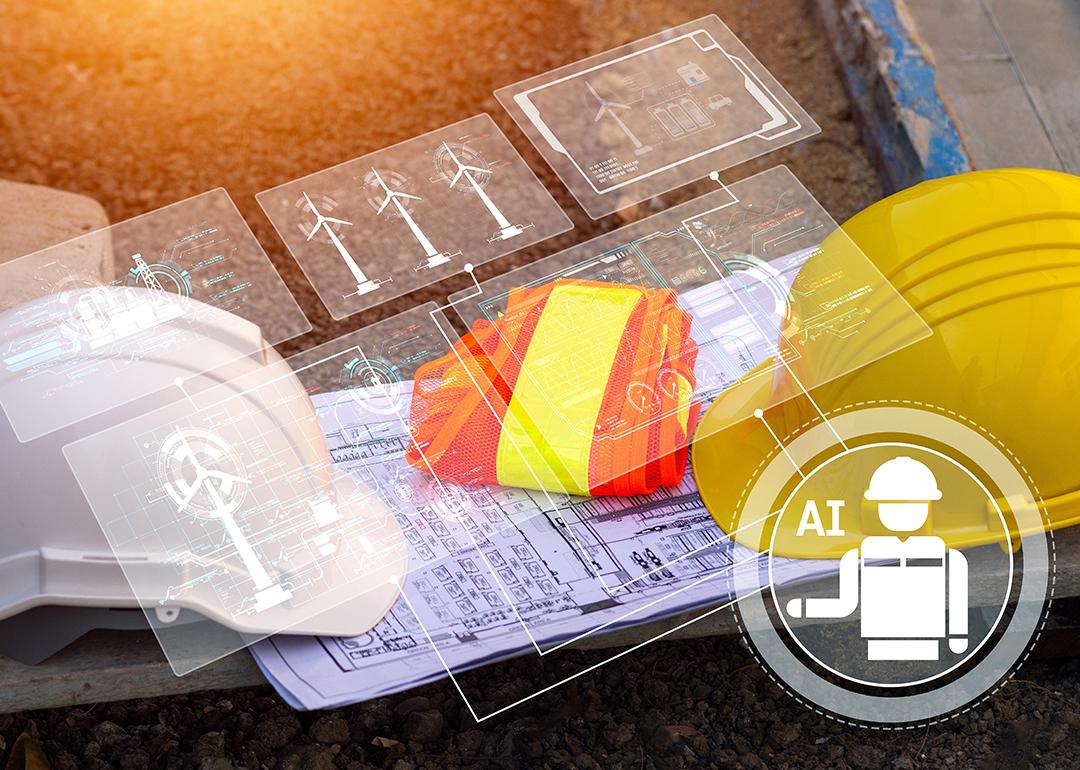 Construction site gear and printed plans illustrated with AI software graphics.