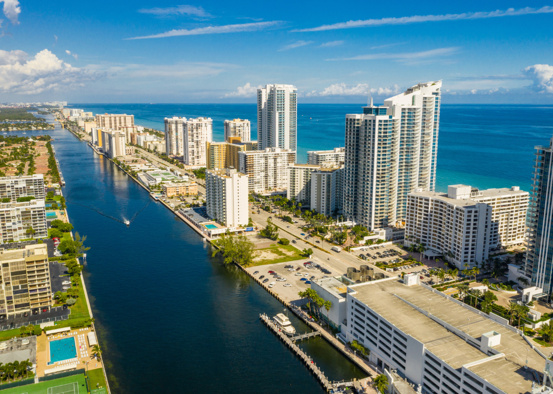 An aerial view of Hollywood Beach, Florida on a clear day.