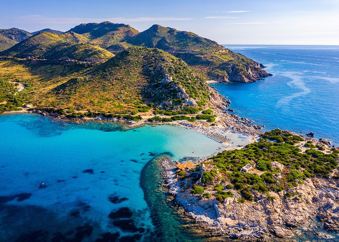 An aerial view of the beautiful beach at Punta Molentis, Villasimius in Sardinia, Italy.