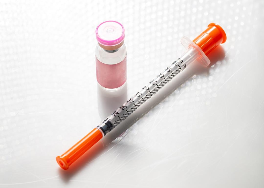 A vial with injectable compound and a syringe.