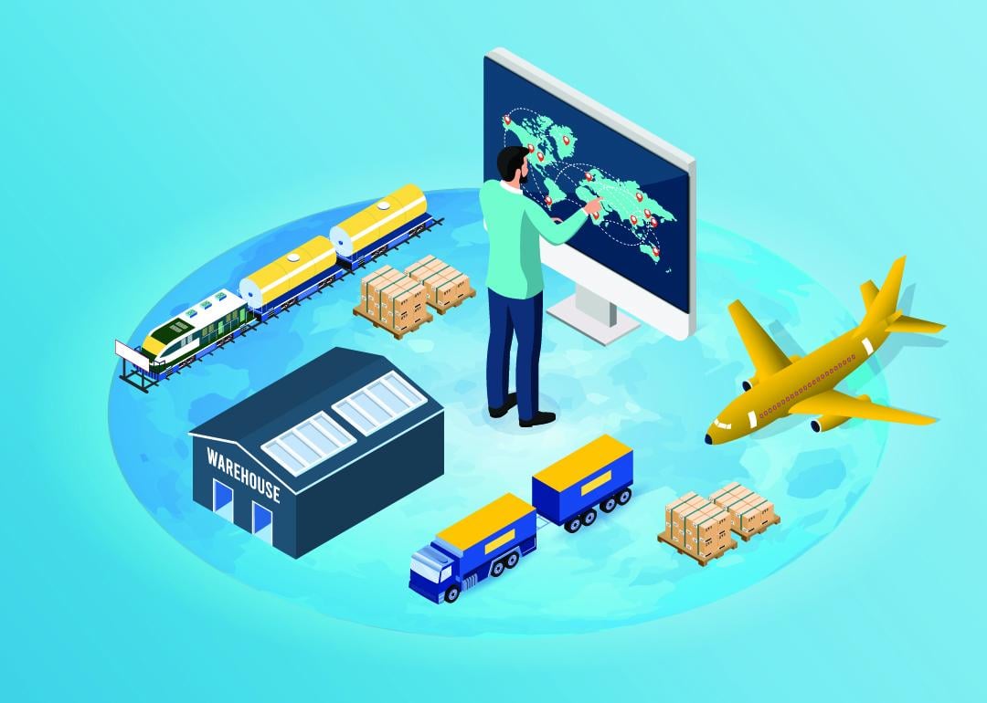A vector illustration of shipment systems coordinated for global logistics and distribution.