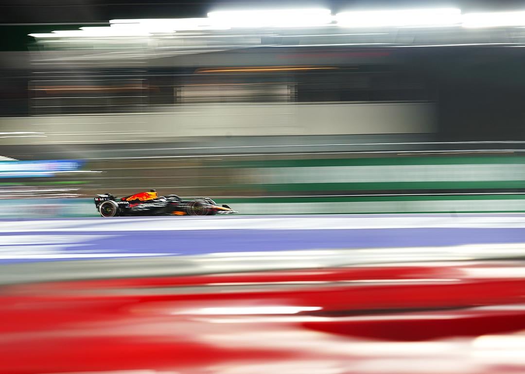 Red Bull's Dutch driver Max Verstappen in motion as he competes during the race of the 2025 Formula One U.S. Grand Prix in Las Vegas.