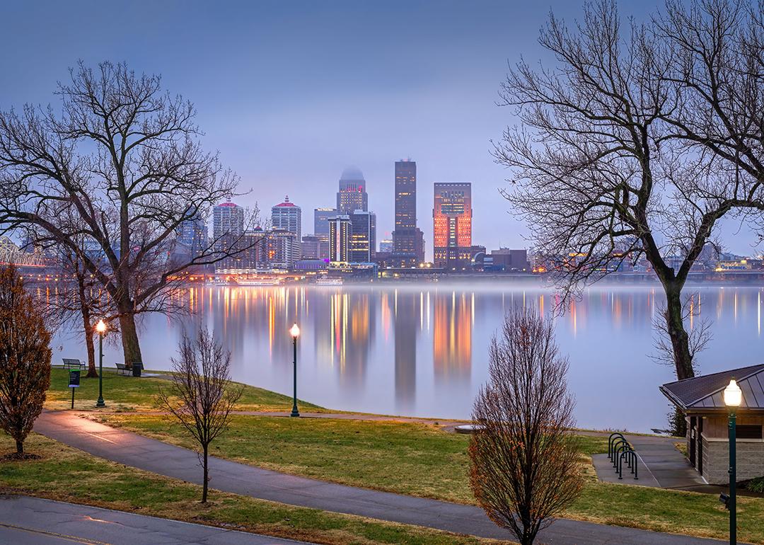 A foggy city view of  the Ohio River in Louisville, Kentucky.