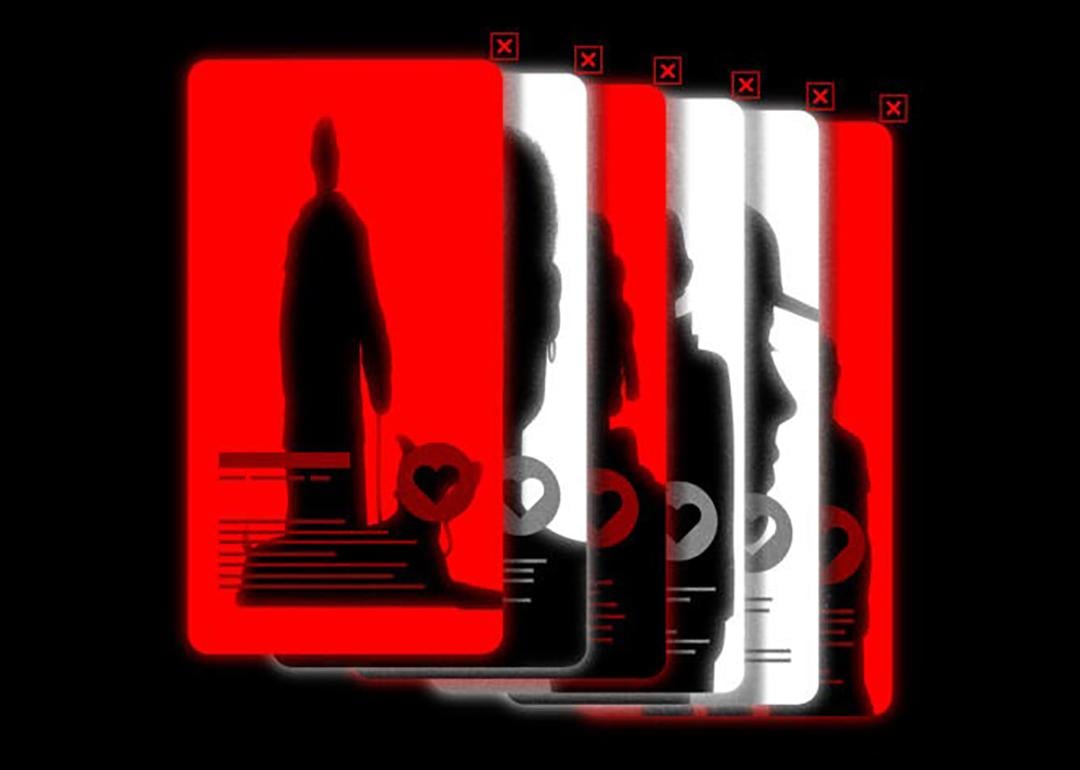 An illustration of a stack of dating app profiles in red, white and black colors.