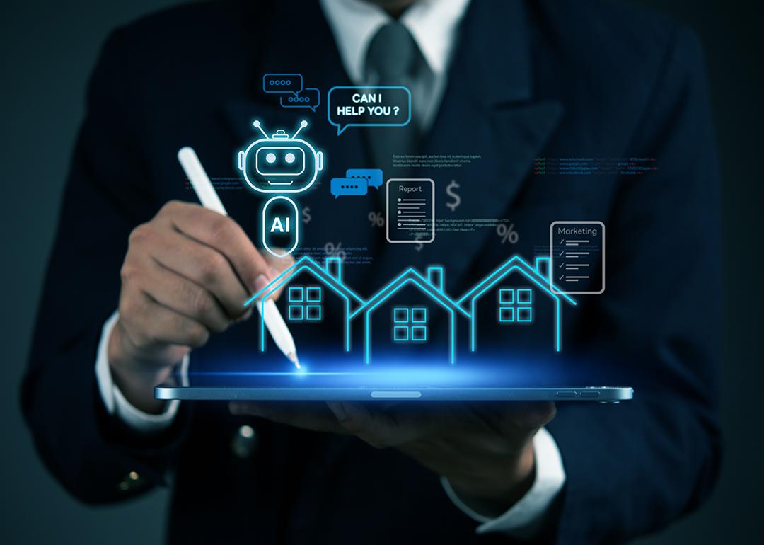 AI chatbot for property management graphics over a person using a tablet.