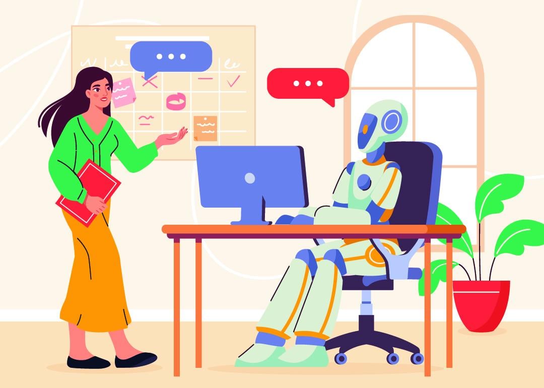 A vector illustration showing a female professional talking to an AI robot in an office.
