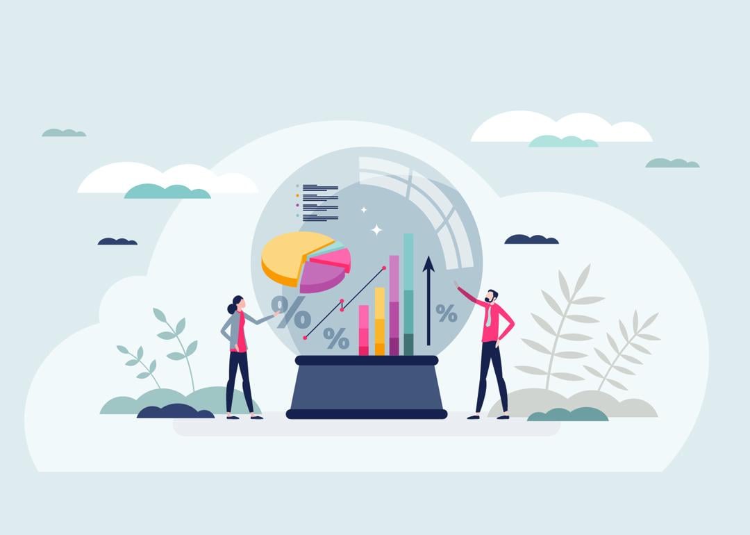 A vector illustration showing a crystal ball of data modeling with tiny figures of business people around it as a concept of predictive analytics.