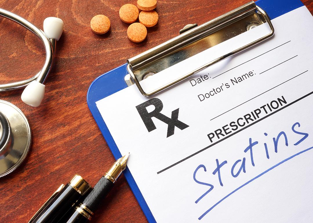 A clipboard with written prescription for 'statins'.