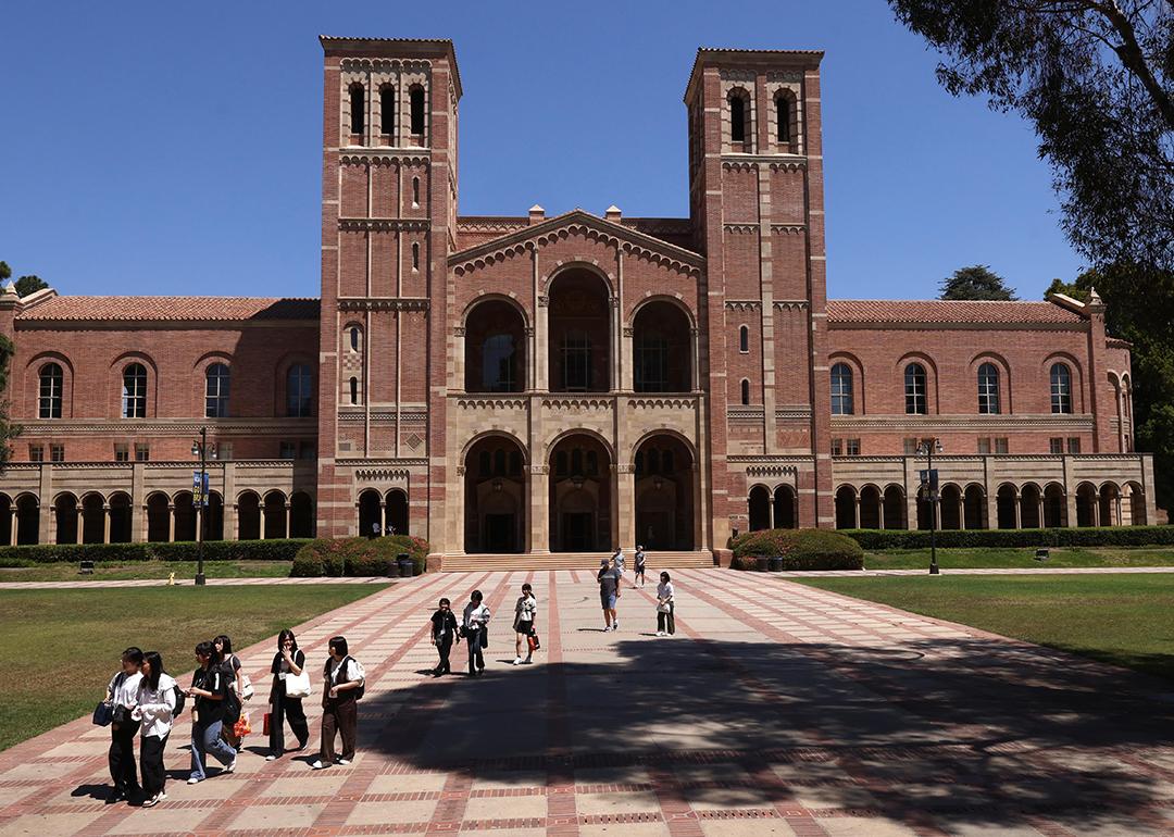 Students walking through Dickson Plaza by the Royce Hall on the UCLA campus in Westwood, California.