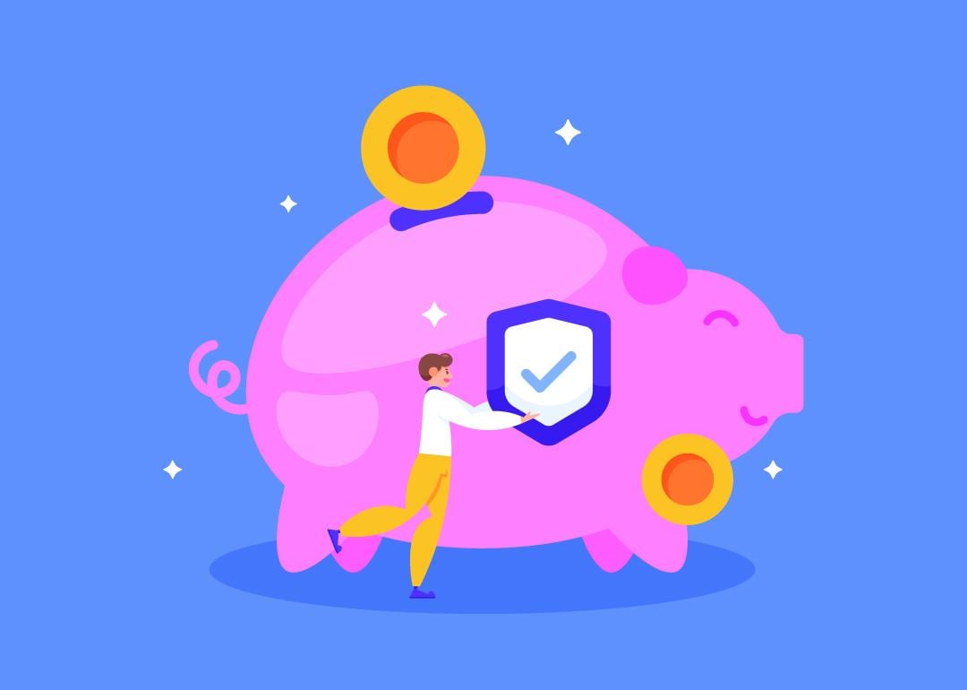 A vector illustration of a savings piggy bank with a person putting a check insurance concept symbol on it.