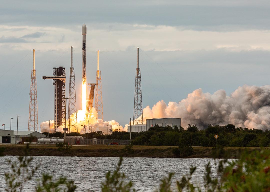 A SpaceX Falcon 9 rocket lifts off from launch pad 40 at the Cape Canaveral Space Force Base in Florida.