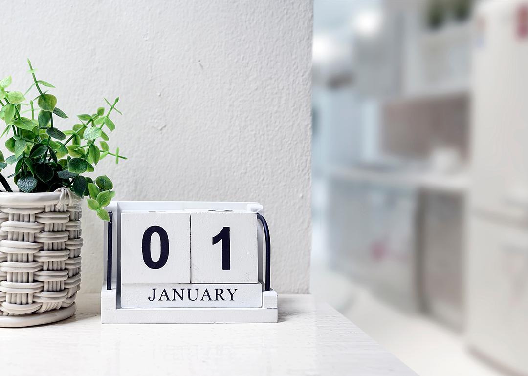 Wooden calendar showing January 1st.