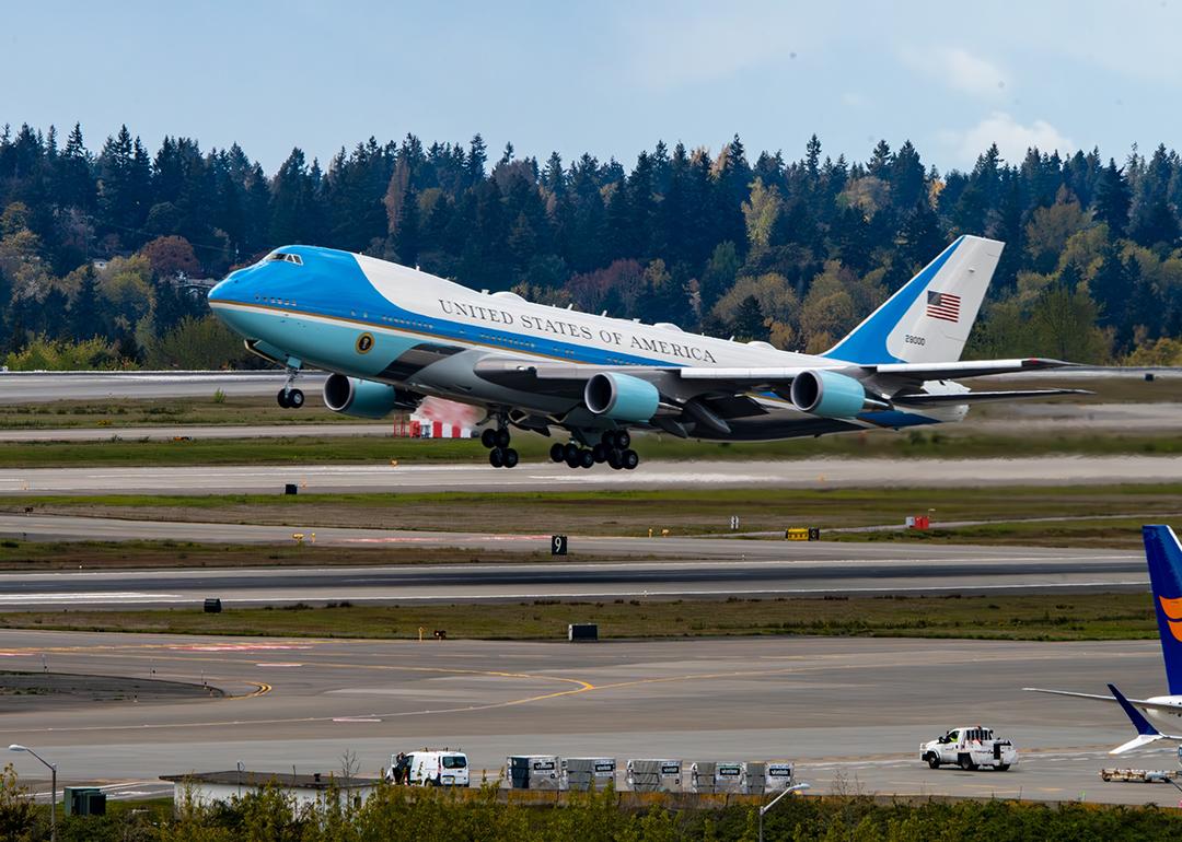 US Air Force's Air Force One Boeing 747-200B (VC-25A) leaving Seattle-Tacoma International Airport.