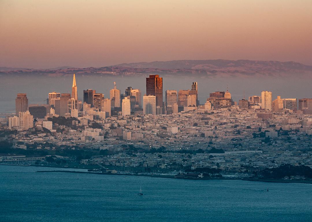 A foggy view of the San Francisco skyline during sunset.
