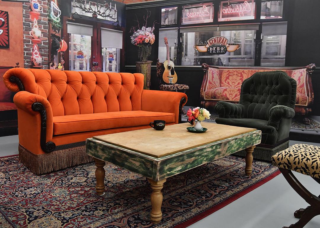 A display of the living room set scene from the TV show, Friends.