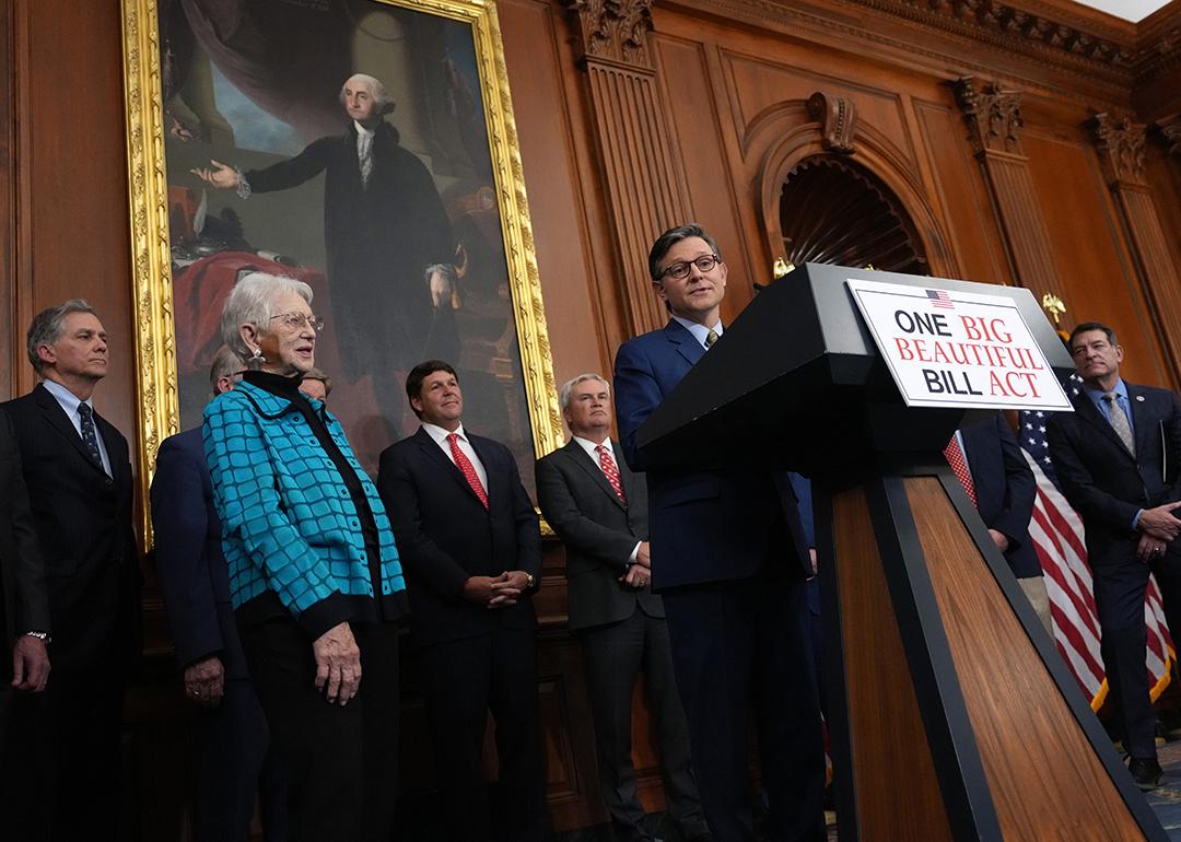 U.S. Speaker of the House Mike Johnson (R-LA) speaks to the media after the House passed the 'One Big Beautiful Bill' at the U.S. Capitol on May 22, 2025 in Washington, DC.