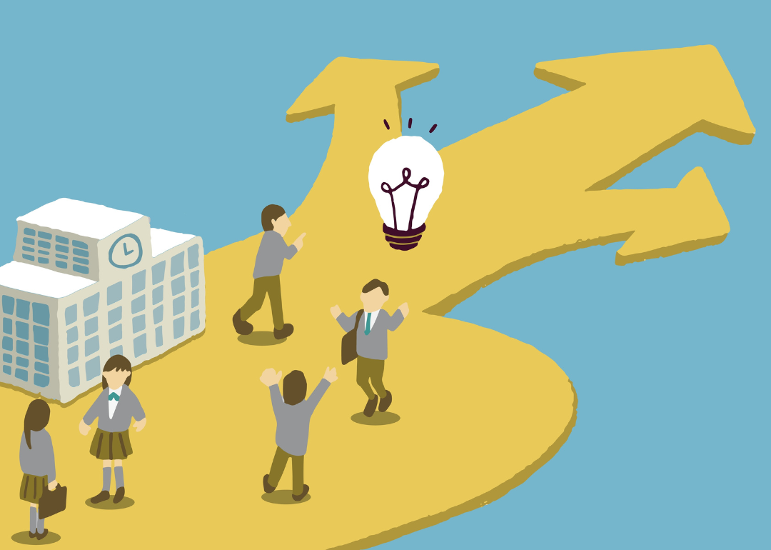 An illustration of a graduation concept, with a five students outside a school with a lightbulb and three arrows pointing in different paths. 