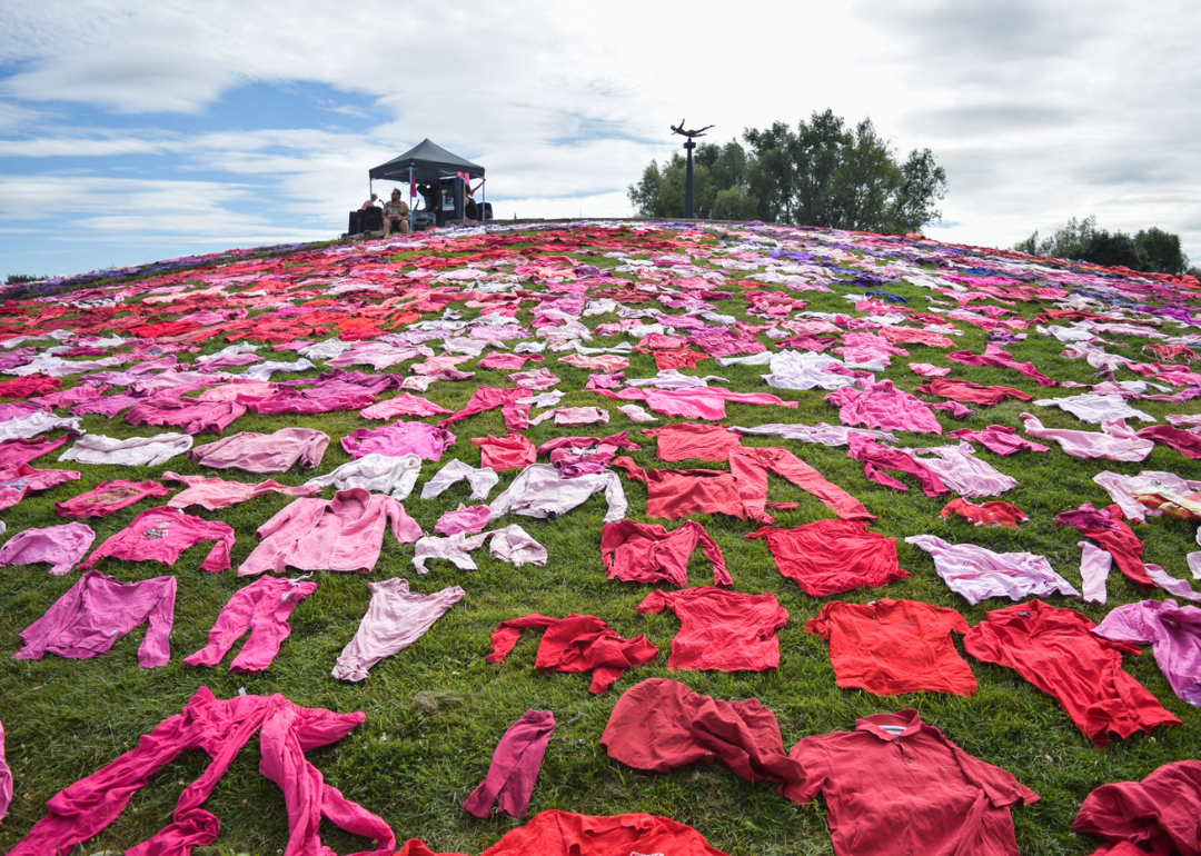 The XR Guerrilla Fashion's protest in Utrecht's Griftpark showcased a 7,000-garment installation by Pet van de Luijtgaarden. Red and pink clothing is laid out on a grassy field with a small tent of a few people in the distance.