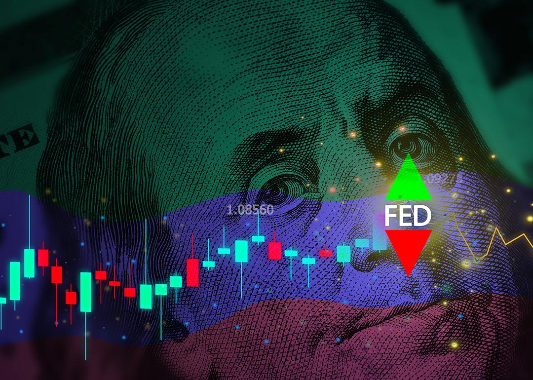 Close up on a US dollar banknote illustrated with Federal Reserve alerts with stock and currency chart graphics.