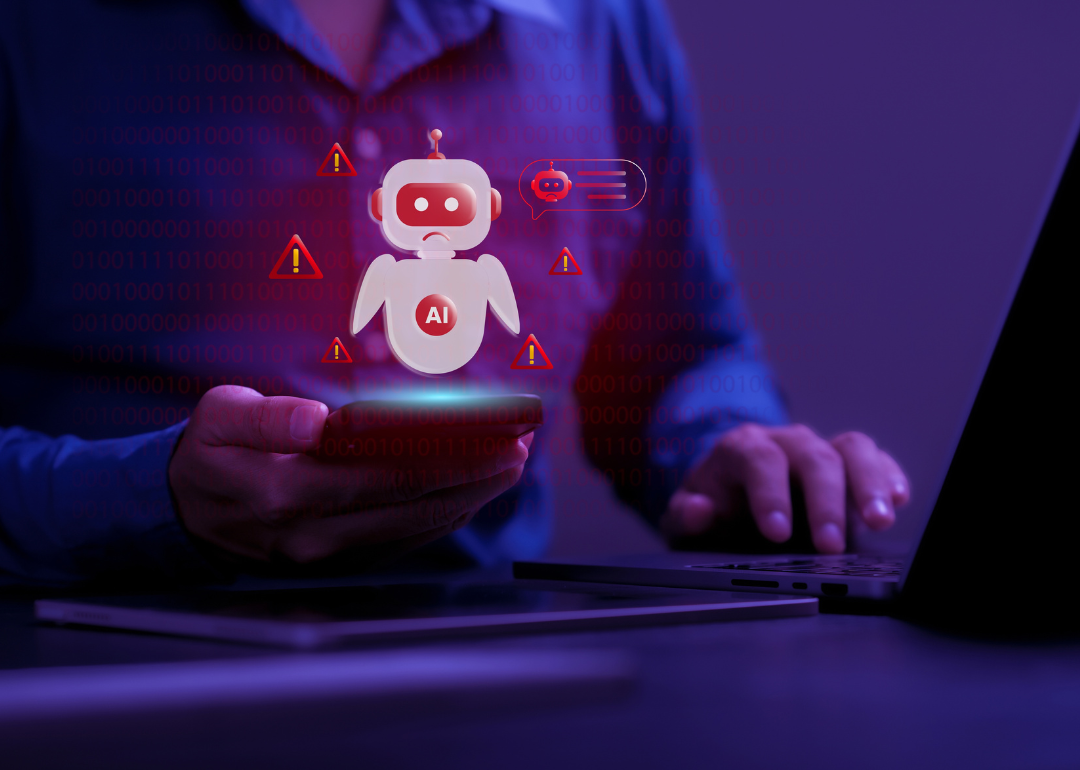 An illustration overlay of a chatbot on a photo of a woman holding a mug and typing on a laptop. 