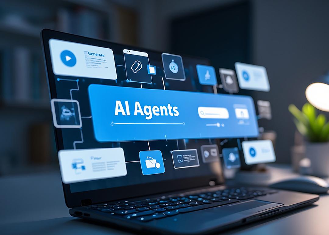 Laptop illustrated with holographic effects of agentic AI software.