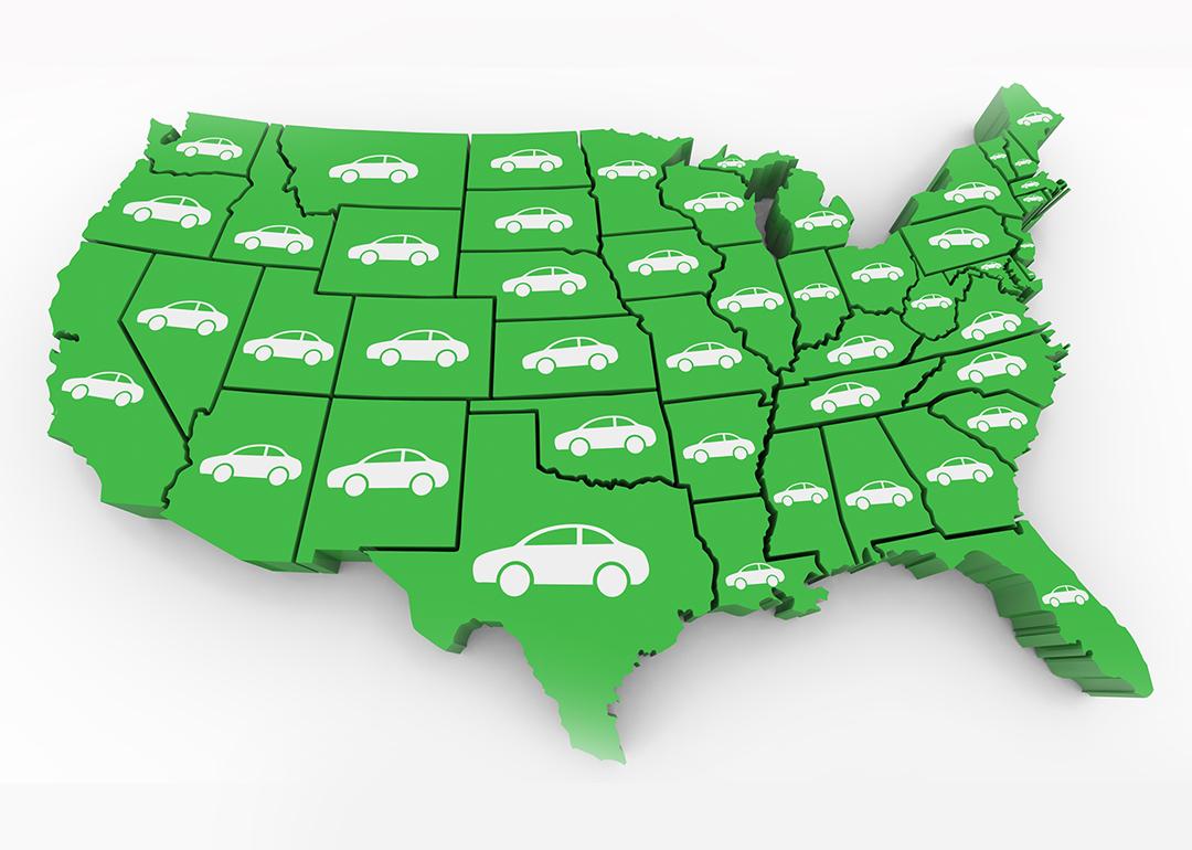 Illustration of the US map with an icon of a car on each state.